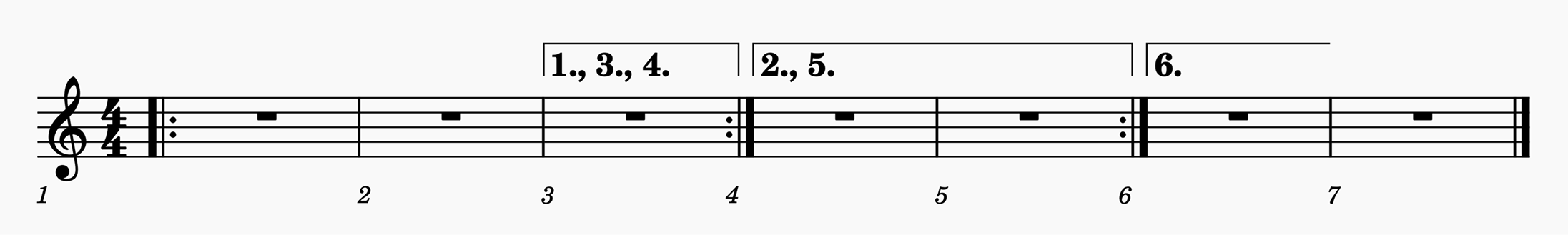 |: m1 | m2 | (volta 1,3,4) m3 | m4 :| (volta 2,5) m5 | m6 :| (volta 6) m7 | m8 | m9 ||